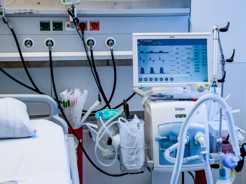 caption: A ventilator is pictured during a training in Hamburg, Germany, on March 25. The medical devices can be life-saving for patients with severe COVID-19 cases, but there aren't enough to meet the expected need in the United States.
