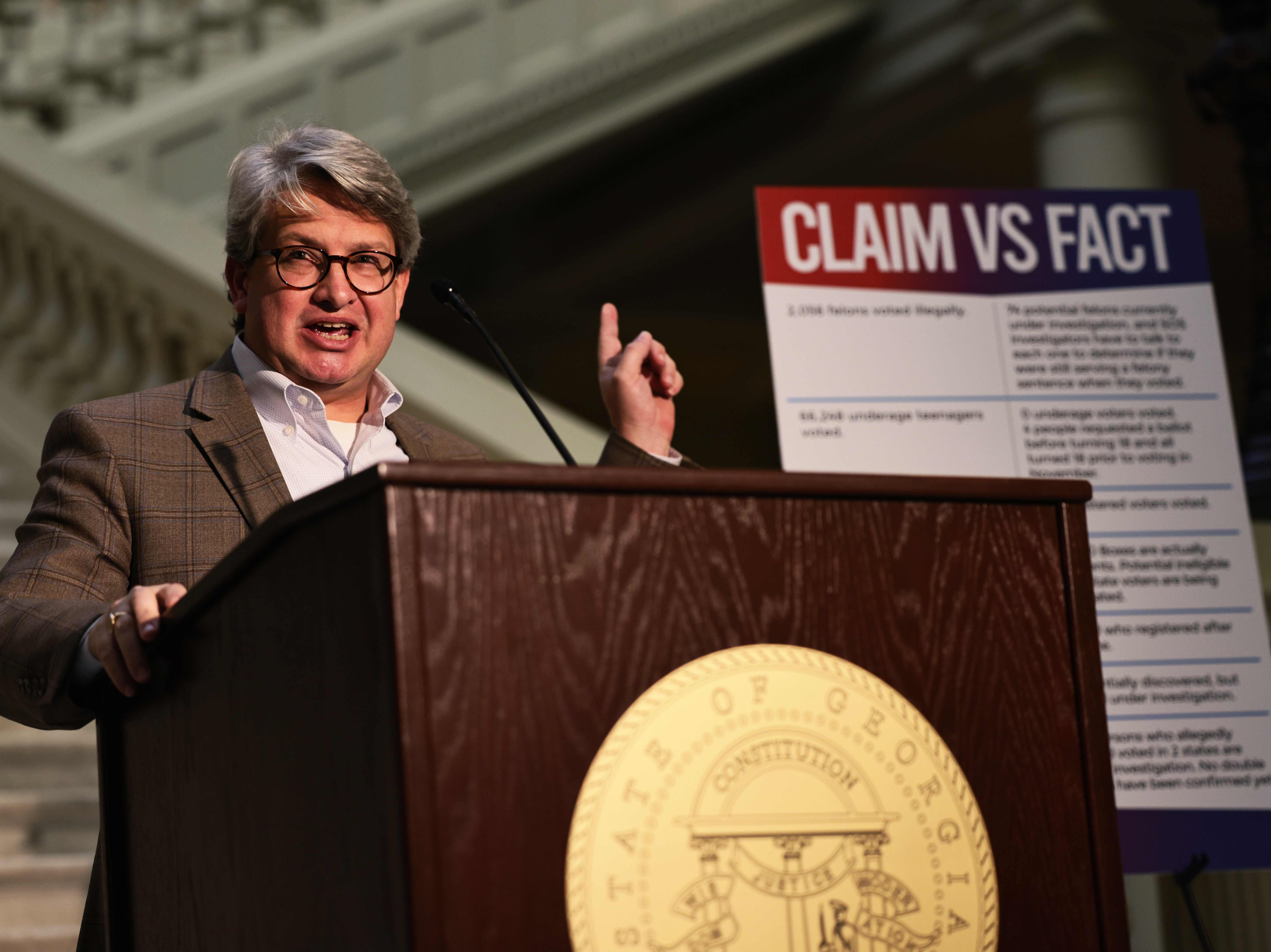 caption: Gabriel Sterling, Georgia's Voting System Implementation manager, fact checks President Trump's claims about voting at a press conference Monday.