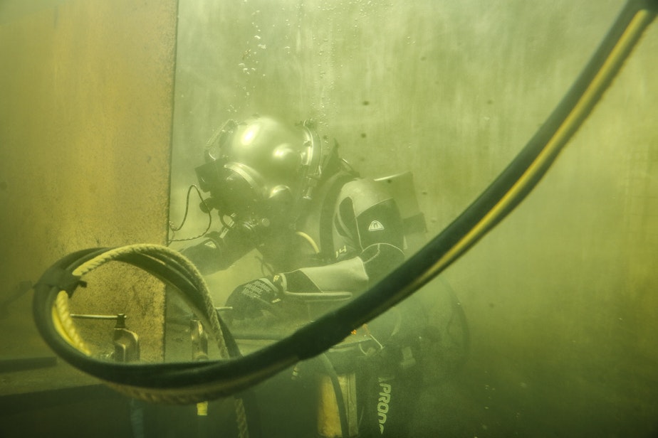 caption: Student William Holcomb does an underwater welding exercise in a diving tank at the Diver's Institute of Technology. 