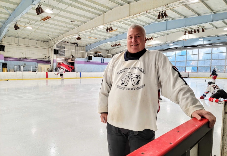 caption: Jeff "The Goose" Goosman has been playing a pickup hockey game at Highland Ice Arena fore more than 25 years. Seen here at his final Wednesday night game on October 12, 2022.