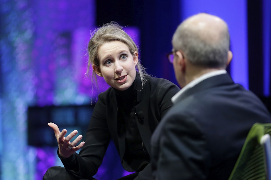 caption: Elizabeth Holmes, founder and CEO of Theranos, left, speaks with Fortune Editor Alan Murray at the Fortune Global Forum in San Francisco, Monday, Nov. 2, 2015. (Jeff Chiu/AP)