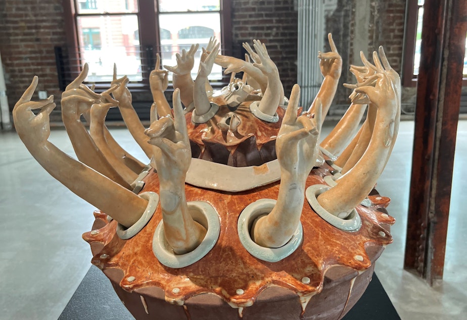 caption: A sculpture by Seattle artist Hanako O'Leary titled "Venus Jar 4."