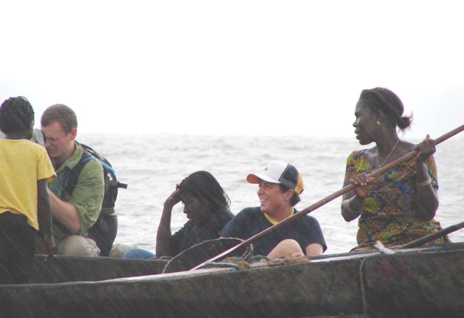 caption: Director Sandy Cioffi and cinematographer Sean Porter conduct an interview with Niger Delta's women's oil platform leader Fanty in August 2006. 