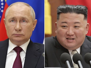 caption: In side-by-side photos: Russian President Vladimir Putin listens during a meeting in Moscow, Aug. 23, and North Korean leader Kim Jong Un speaks during a meeting of the ruling Workers' Party at its headquarters in Pyongyang, North Korea, in early 2023.