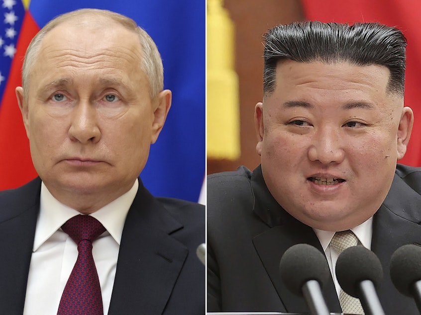 caption: In side-by-side photos: Russian President Vladimir Putin listens during a meeting in Moscow, Aug. 23, and North Korean leader Kim Jong Un speaks during a meeting of the ruling Workers' Party at its headquarters in Pyongyang, North Korea, in early 2023.