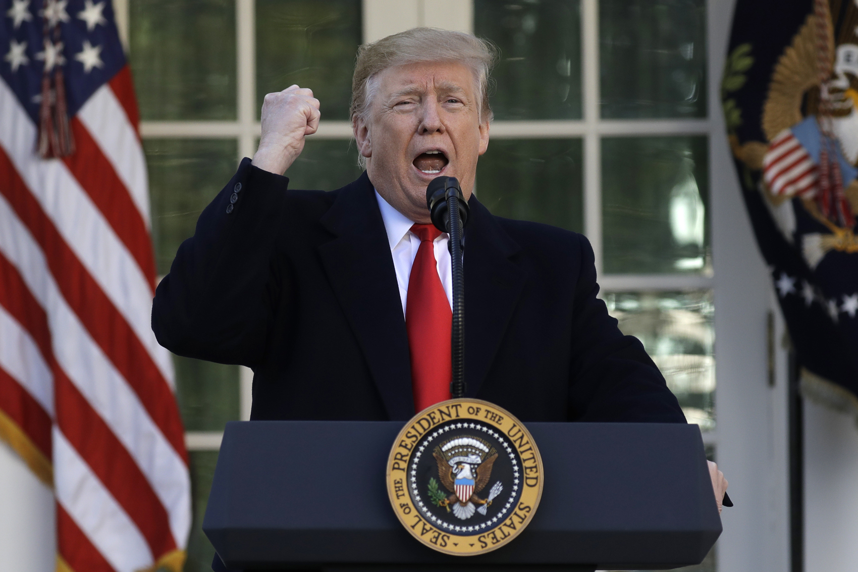 caption: President Donald Trump speaks in the Rose Garden of the White House, Friday, Jan 25, 2019, in Washington. (Evan Vucci/AP)
