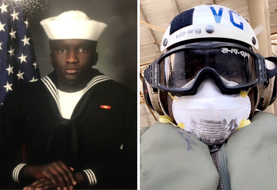 caption: Petty Officer Serigne Diakhate spent nearly a year out at sea on an extended deployment during the Covid pandemic.