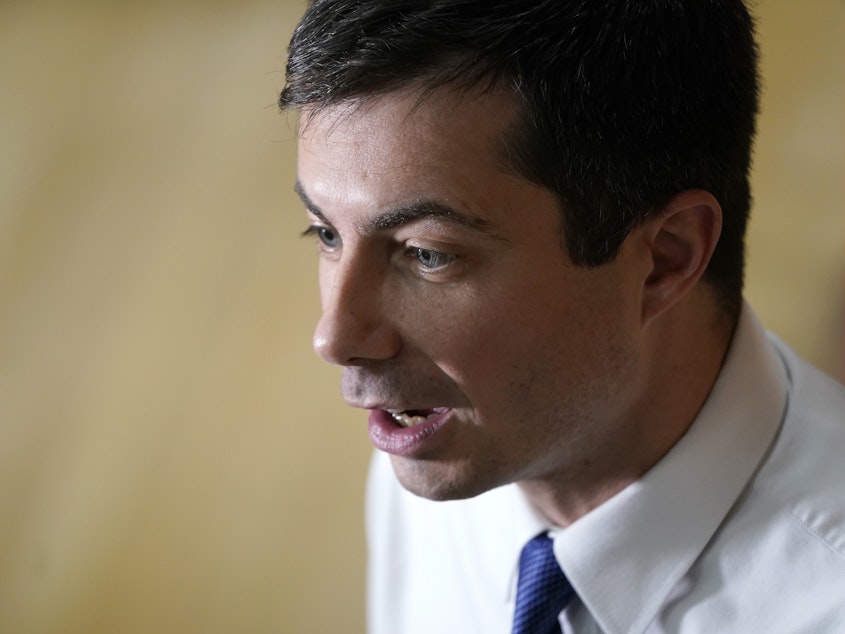 caption: Democratic presidential candidate Pete Buttigieg at a campaign event earlier this week in Washington, Iowa.