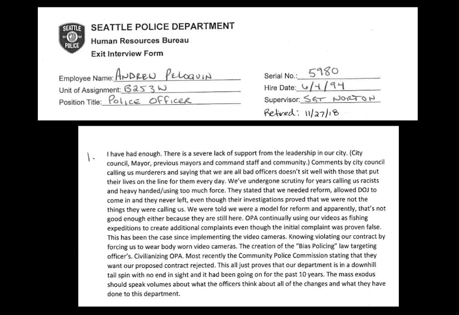 caption: Andrew Peloquin, a Seattle Police officer hired in 1994, wrote that he has "had enough." 