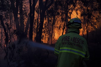 caption: A firefighter battles a wall of flames Friday in Woodford, New South Wales.