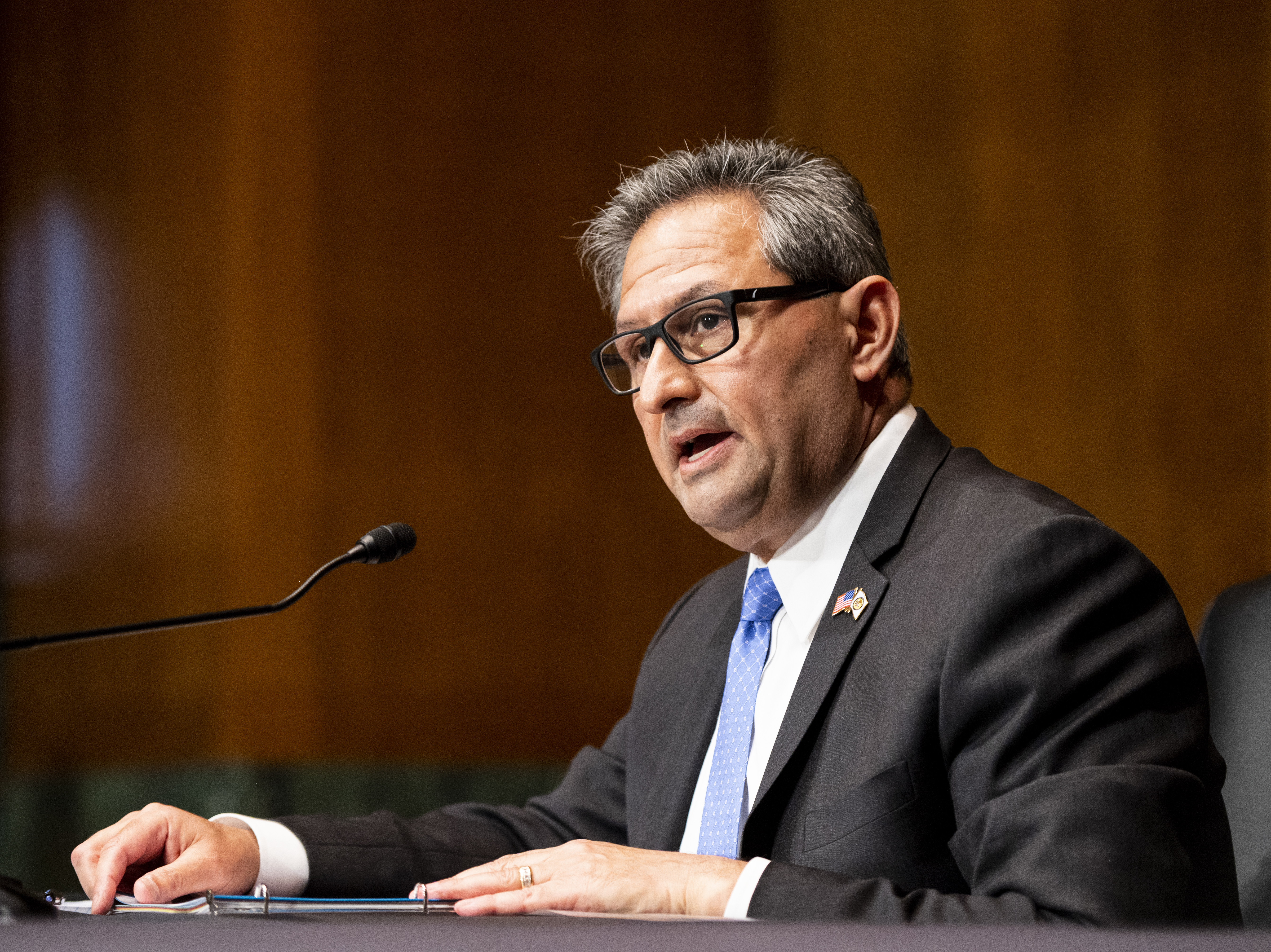 caption: Michael Carvajal, the director of the Federal Bureau of Prisons, speaking to the Senate Judiciary Committee on Thursday.