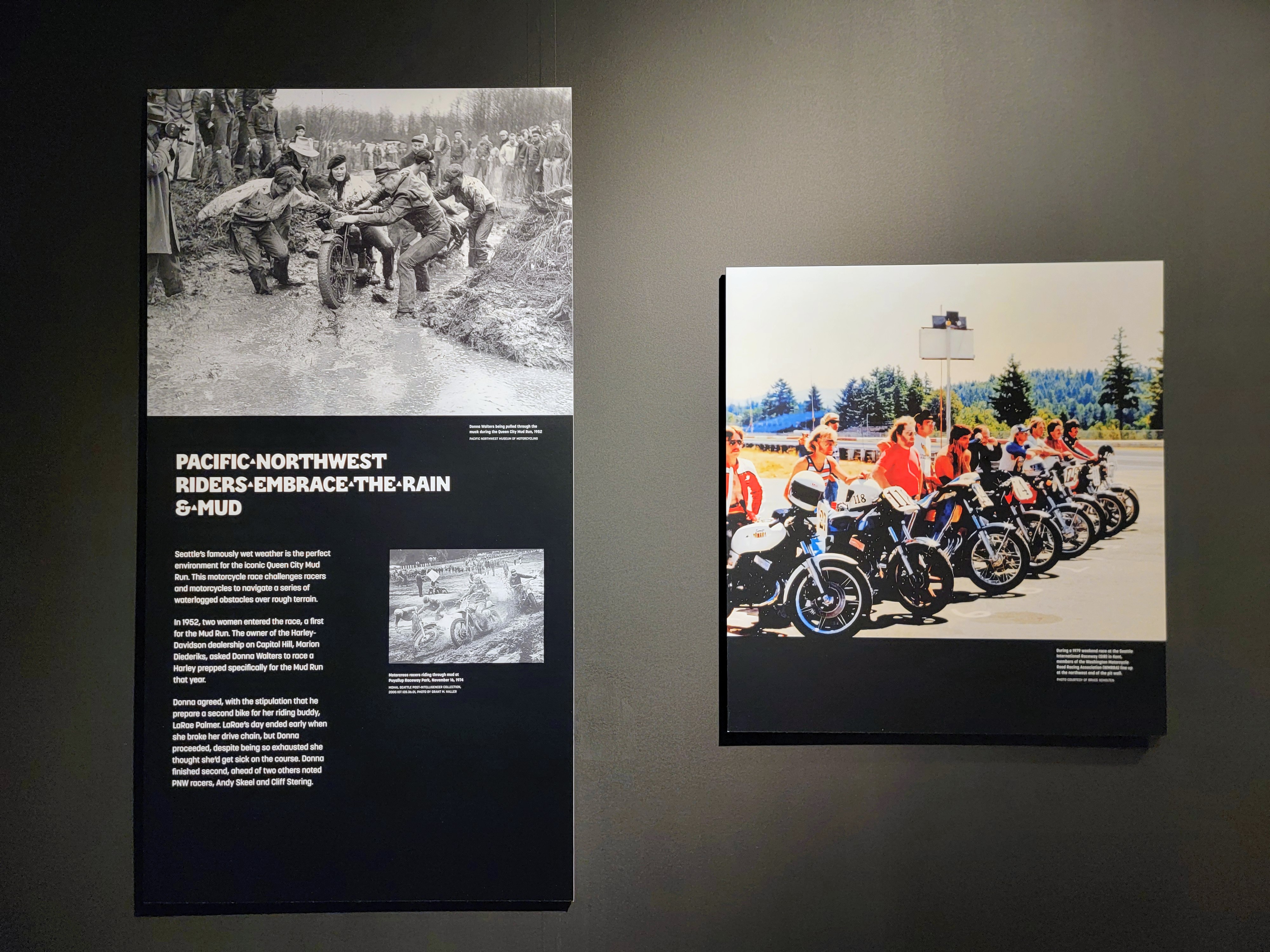 caption: One display at the MOHAI motorcycle exhibit highlights the challenges of riding on two wheels in the soggy Pacific Northwest.