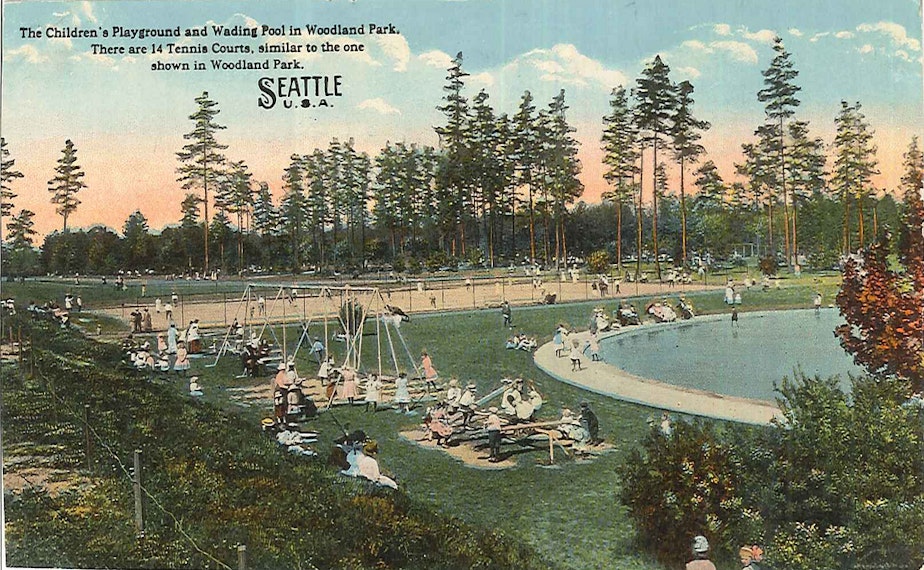 caption: Playground and wading pool at Woodland Park, circa 1915.