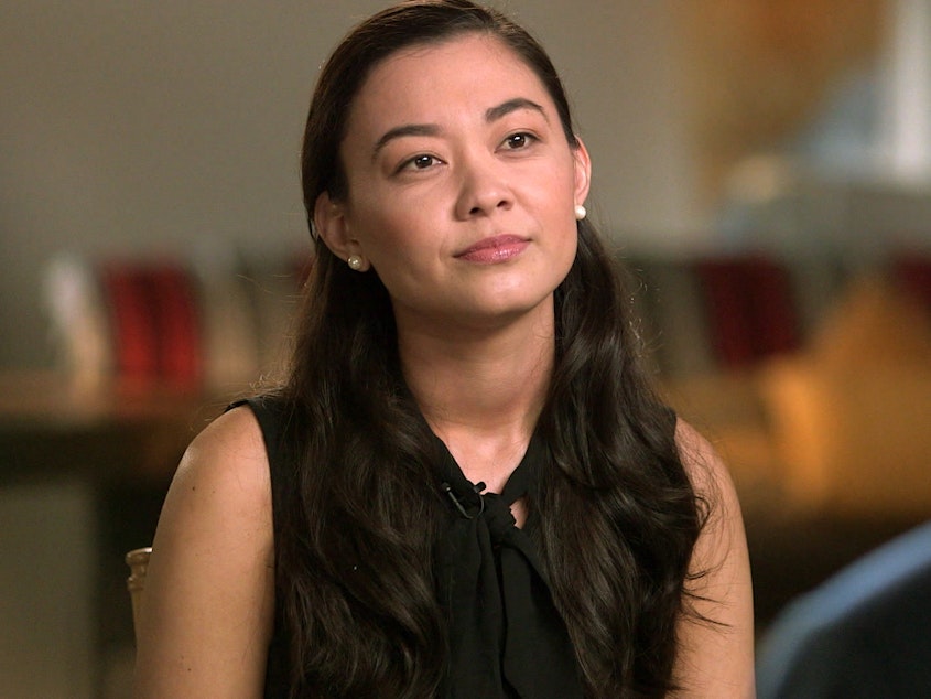 caption: This image released by CBS shows Chanel Miller during an interview on <em>60 Minutes,</em> set to air Sept. 22.