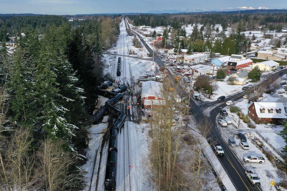 caption: Wreckage from a derailed 6,500-foot BNSF oil train in the town of Custer, Washington, on Dec. 23, 2020.
