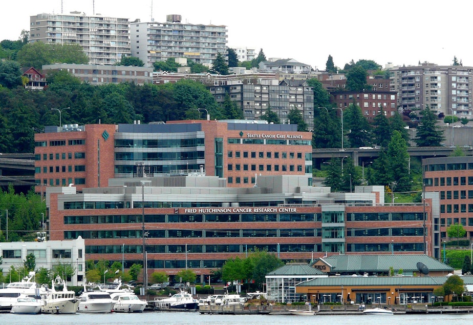 caption: The Fred Hutchison Cancer Research Center as seen from Lake Union.