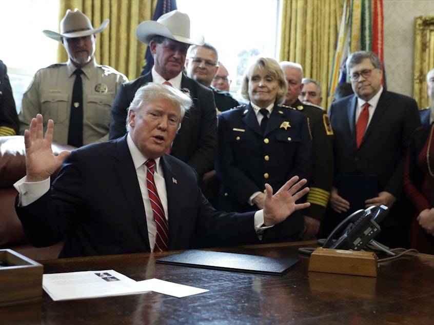 caption: President Trump issued the first veto of his presidency in March, rejecting Congress' vote against his emergency declaration for border wall funding.