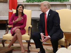 caption: Nikki Haley opposed Donald Trump's candidacy for president in 2016, criticizing his unwillingness at one point to denounce the KKK. However, she went on to serve as UN ambassador in his administration.