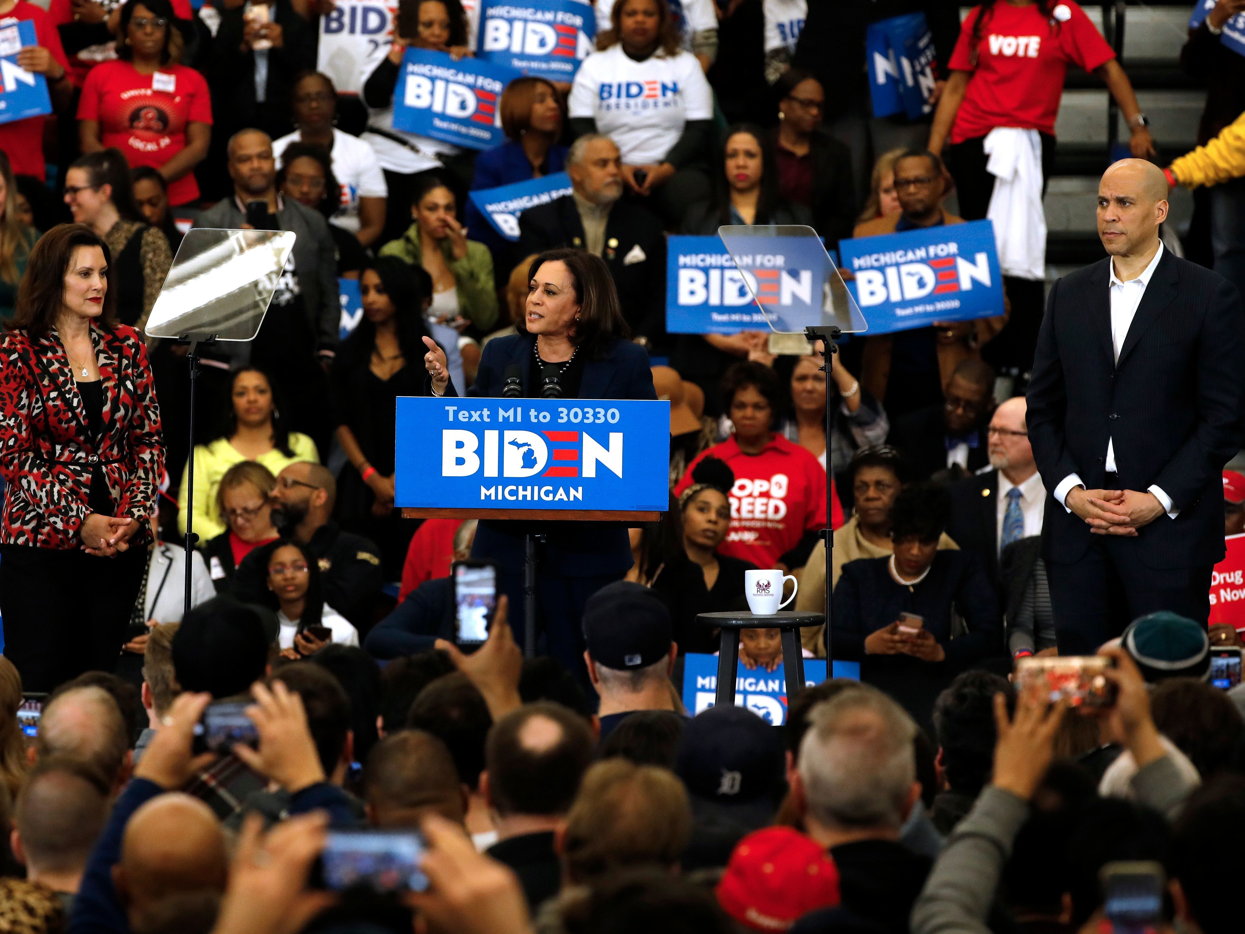 caption: Harris endorsed Joe Biden in March.