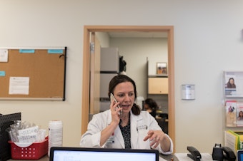 caption: Dr. Lisa Hofler runs a University of New Mexico clinic that stocks mifepristone but doesn't routinely provide prenatal care. She and her colleagues can schedule same-day appointments for women diagnosed with miscarriages elsewhere.
