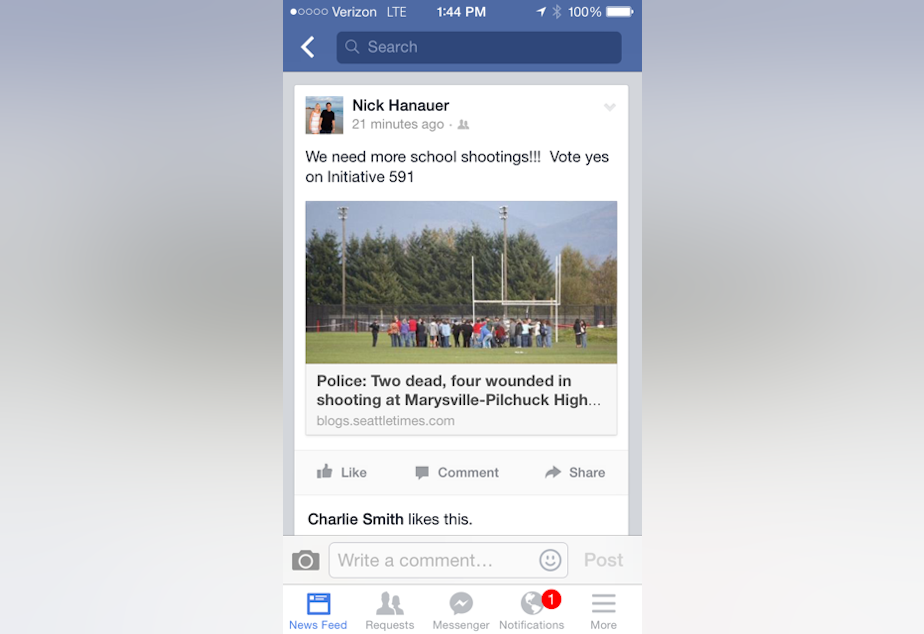 caption: Nick Hanauer posted this link to a Seattle Times story about the Marysville high school shooting within hours of the incident. Hanauer, whose post was sarcastic, supports a separate initiative that would expand background checks.