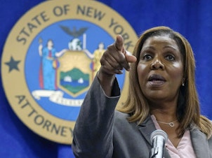 caption: New York Attorney General Letitia James acknowledges questions from journalists at a news conference on May 21, 2021, in New York.