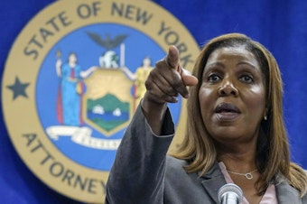 caption: New York Attorney General Letitia James acknowledges questions from journalists at a news conference on May 21, 2021, in New York.