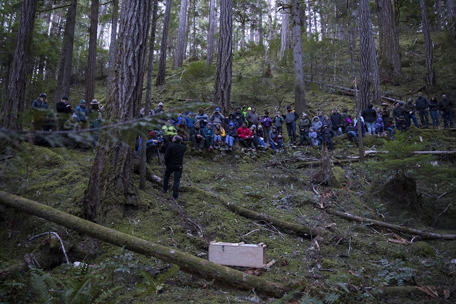 caption: A crowd forms along a trail before the release of the six fishers on Wednesday December 5, 2018, at the North Cascades Visitor Center in Newhalem. 