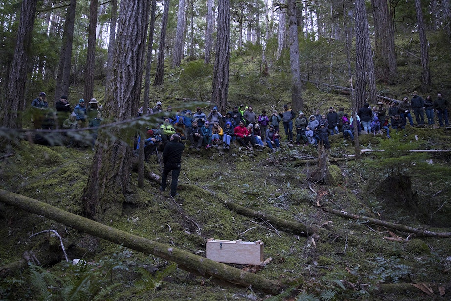 caption: A crowd forms along a trail before the release of the six fishers on Wednesday December 5, 2018, at the North Cascades Visitor Center in Newhalem.