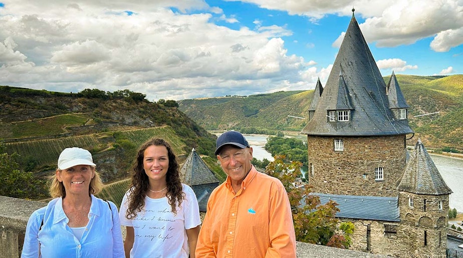 caption: Kim Hurst (L to R), Selina Rüecker and Rich Hurst pose for a picture during the Hursts' trip to Germany in July 2023 to meet Rüecker, Rich Hurst's bone marrow donor.
