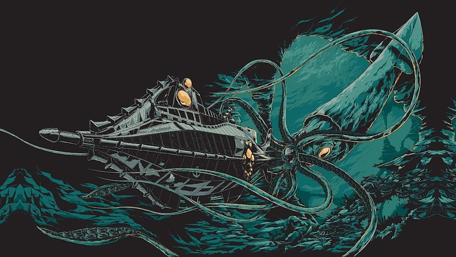 caption: The kraken illustrated on the 1954 movie poster for Jules Verne's 20,000 Leagues Under the Sea.