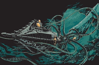 caption: The kraken illustrated on the 1954 movie poster for Jules Verne's 20,000 Leagues Under the Sea.