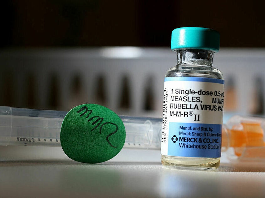caption: A dose of the measles, mumps and rubella vaccine. When an unvaccinated person is exposed to measles, public health guidance if for them to get vaccinated within three days.