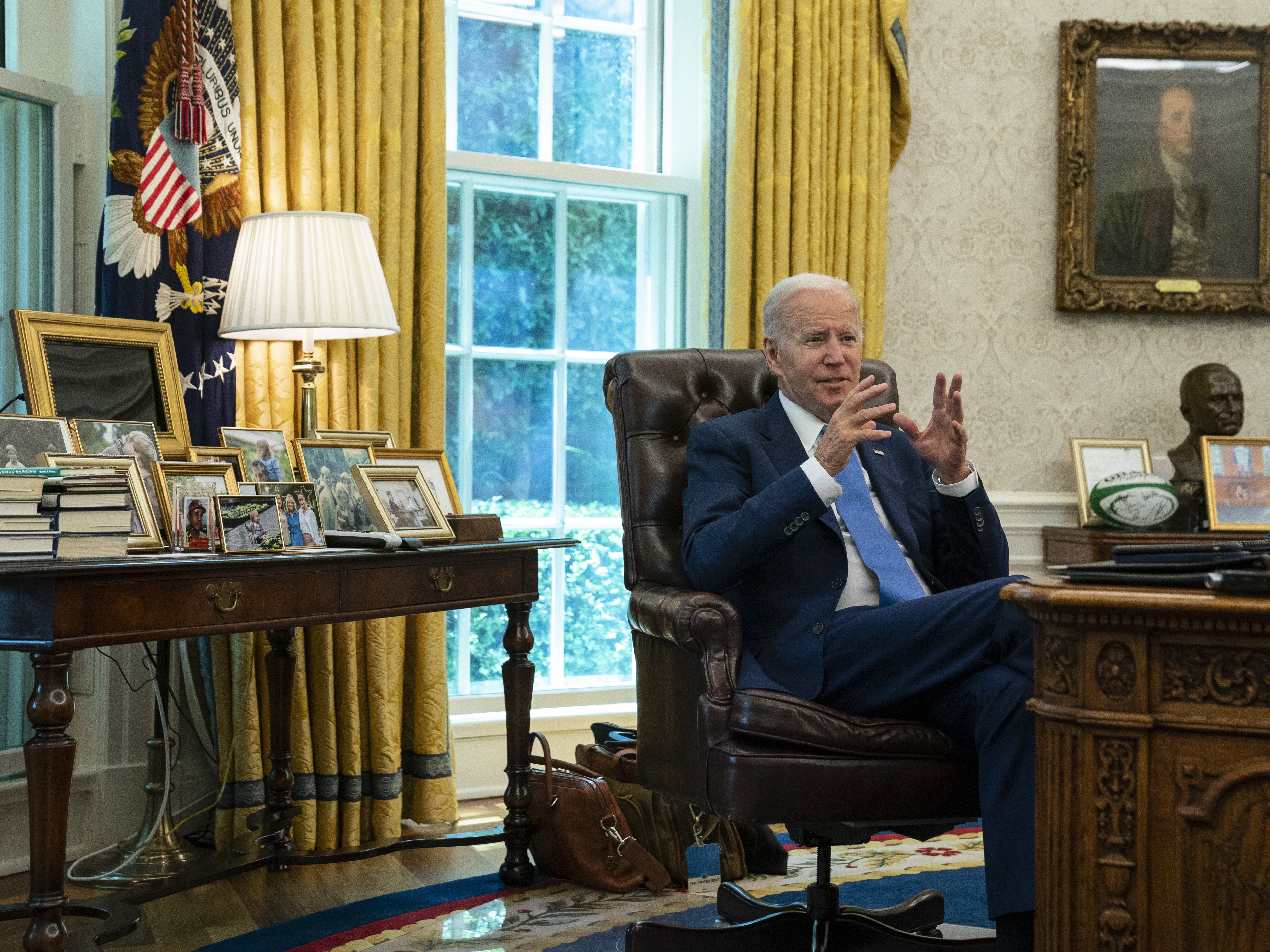 caption: President Joe Biden speaks during an interview with The Associated Press in the Oval Office of the White House on Thursday, June 16, 2022.