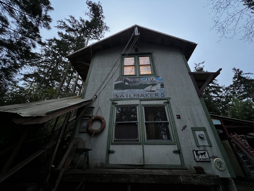 caption: The outside of the sail making loft on Marrowstone Island. Lofts are traditionally on the second floor of buildings to help keep the sail pristinely clean. 