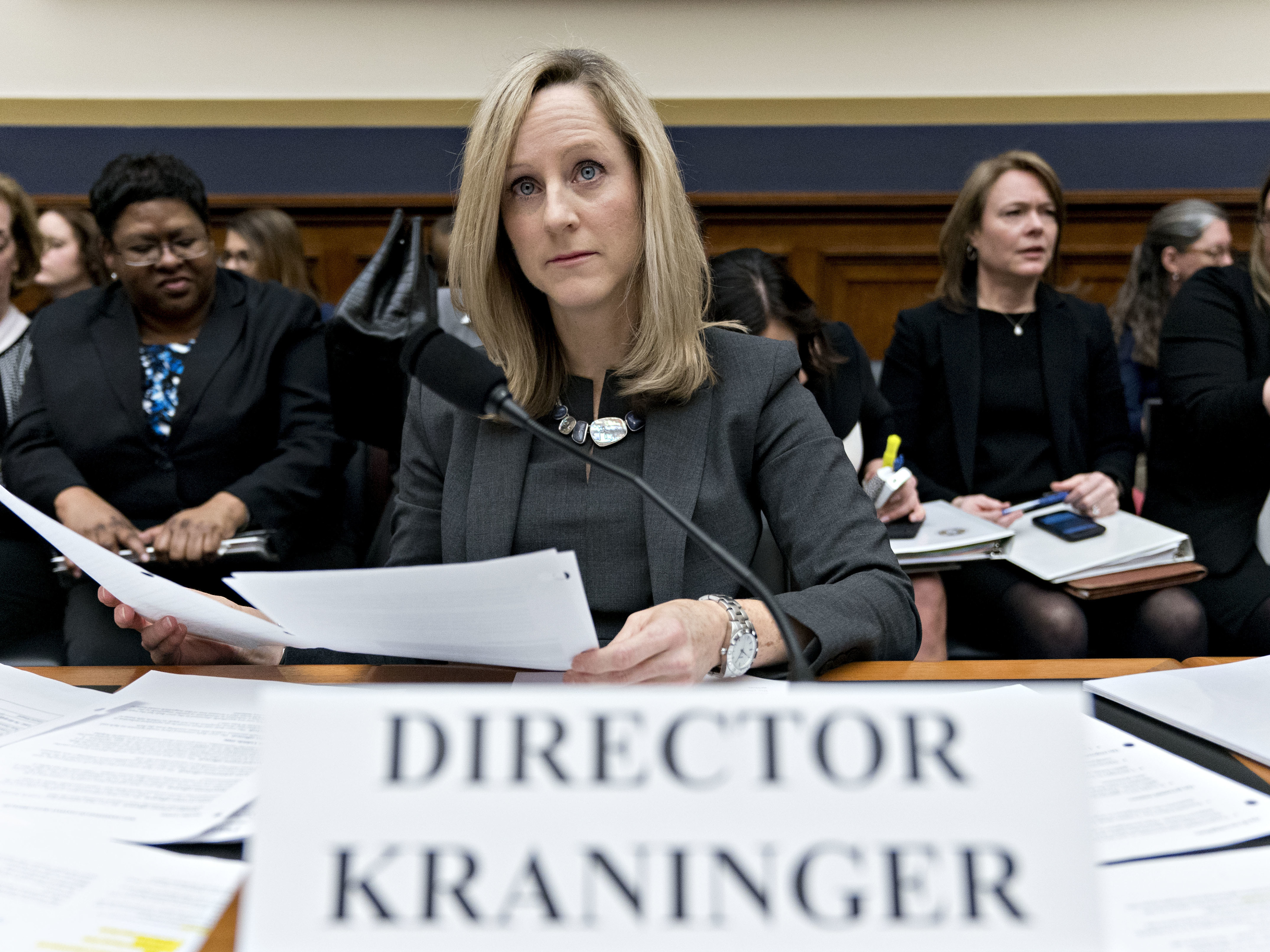 caption: Kathleen Kraninger is director of the Consumer Financial Protection Bureau, an agency that was thwarted by the U.S. Department of Education from examining problems with a troubled student loan forgiveness program.