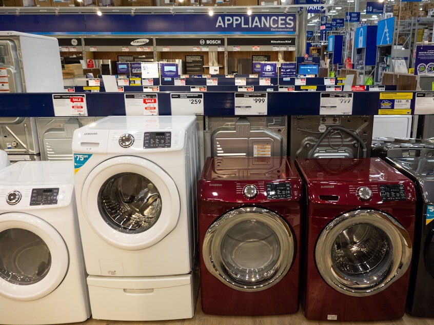 caption: Washing machines, dryers and other appliances are seen for sale at a Lowe's home improvement store in Washington, D.C., Sept. 27, 2018.