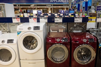 caption: Washing machines, dryers and other appliances are seen for sale at a Lowe's home improvement store in Washington, D.C., Sept. 27, 2018.