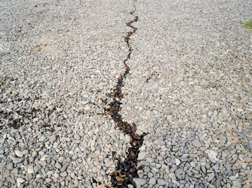 caption: A trickle of oil spilled in transit outside the Naftalan Sanatorium. Naftalan, Azerbaijan, 2010.