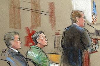 caption: In this artist depiction, U.S. Attorney Randy Bellows, right, addresses the court during the sentencing of convicted spy Robert Hanssen, center, seen with his attorney Plato Cacheris, left, at the federal courthouse in Alexandria, Va., May 10, 2002.