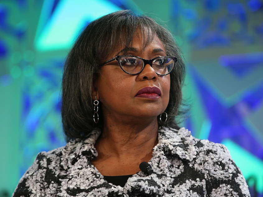 caption: Anita Hill speaks onstage at the Fortune Most Powerful Women Summit in October 2018 in Laguna Niguel, Calif.