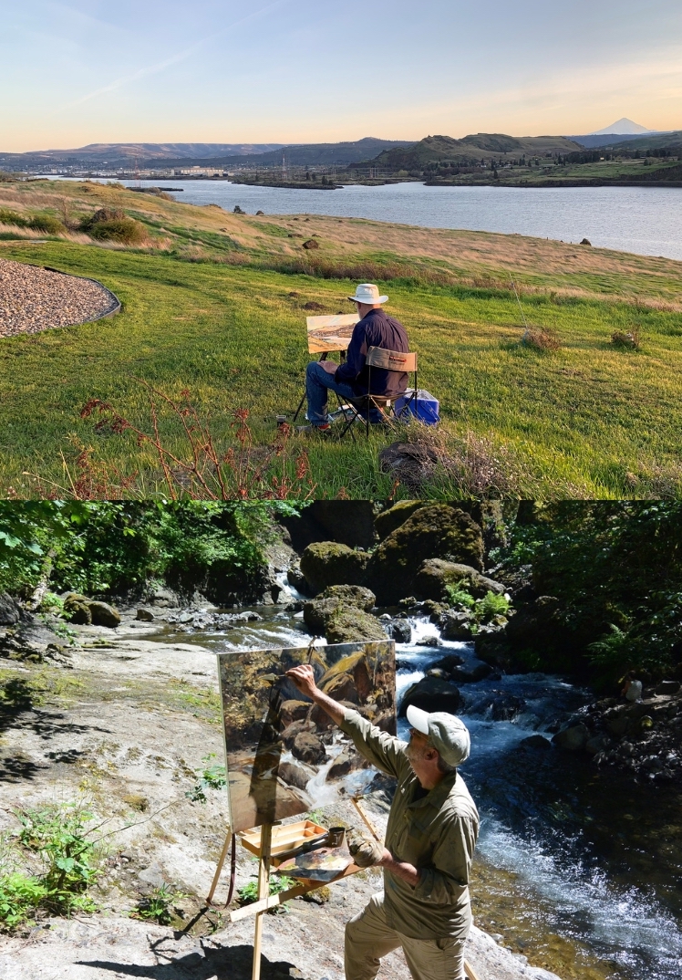 caption:  Erik Sandgren (top) and Thomas Jefferson Kitts (bottom) paint "en plen air" for an exhibit on the Columbia River at the Maryhill Museum of Art.