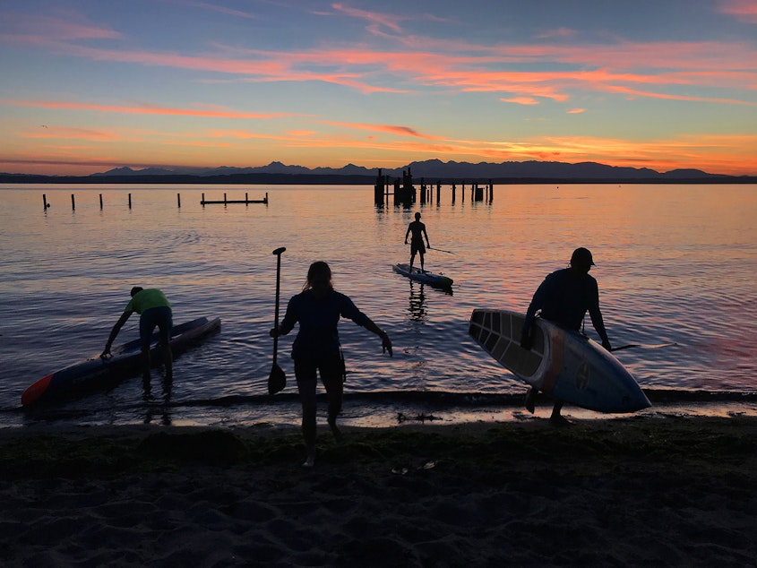 caption: A group of paddle boarders end their evening paddle on a small beach south of Golden Gardens on Monday, August 27, 2018, in Seattle. 