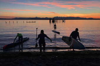caption: A group of paddle boarders end their evening paddle on a small beach south of Golden Gardens on Monday, August 27, 2018, in Seattle. 