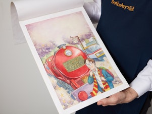 caption: Thomas Taylor's original cover illustration for <em>Harry Potter and the Philosopher's Stone</em> (1997) is expected to break auction records at Sotheby's on June 26.