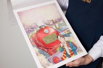caption: Thomas Taylor's original cover illustration for <em>Harry Potter and the Philosopher's Stone</em> (1997) is expected to break auction records at Sotheby's on June 26.