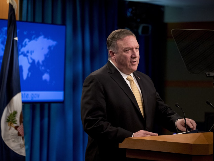 caption: Secretary of State Mike Pompeo speaks Monday during a news conference at the State Department, where he announced the administration will rescind a 1978 department legal opinion that viewed settlements in the Israeli-occupied West Bank as inconsistent with international law.