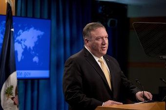 caption: Secretary of State Mike Pompeo speaks Monday during a news conference at the State Department, where he announced the administration will rescind a 1978 department legal opinion that viewed settlements in the Israeli-occupied West Bank as inconsistent with international law.