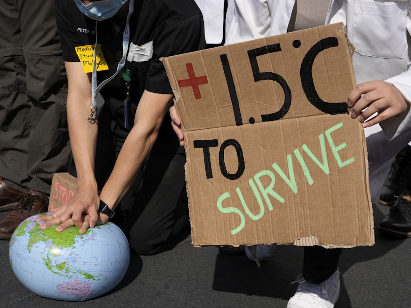 caption: Demonstrators pretend to resuscitate the Earth while advocating for the 1.5 degree warming goal to survive at the COP27 U.N. Climate Summit, Nov. 16, 2022, in Sharm el-Sheikh, Egypt.