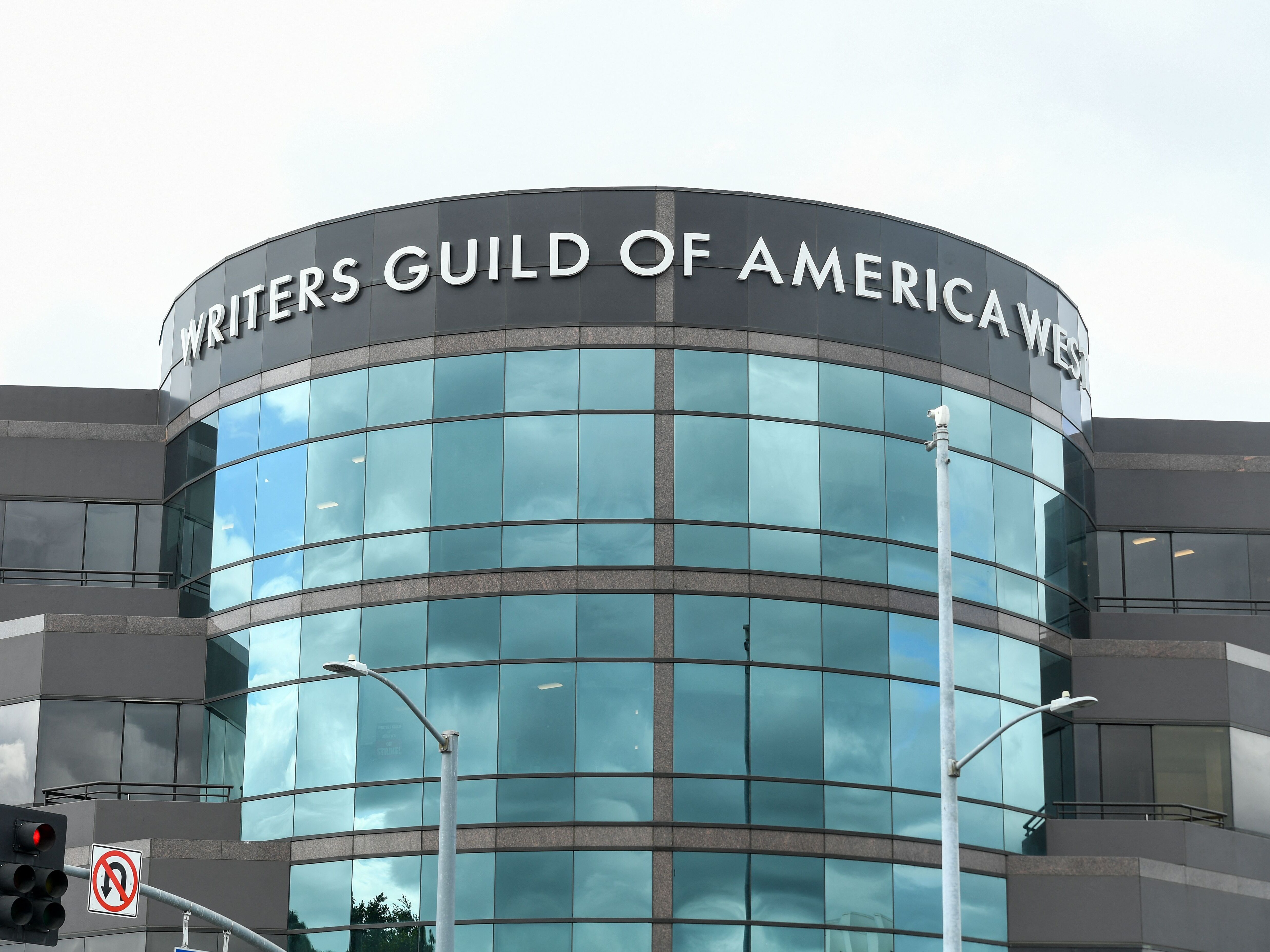 caption: The Writers Guild of America West building in Los Angeles on May 2, 2023.